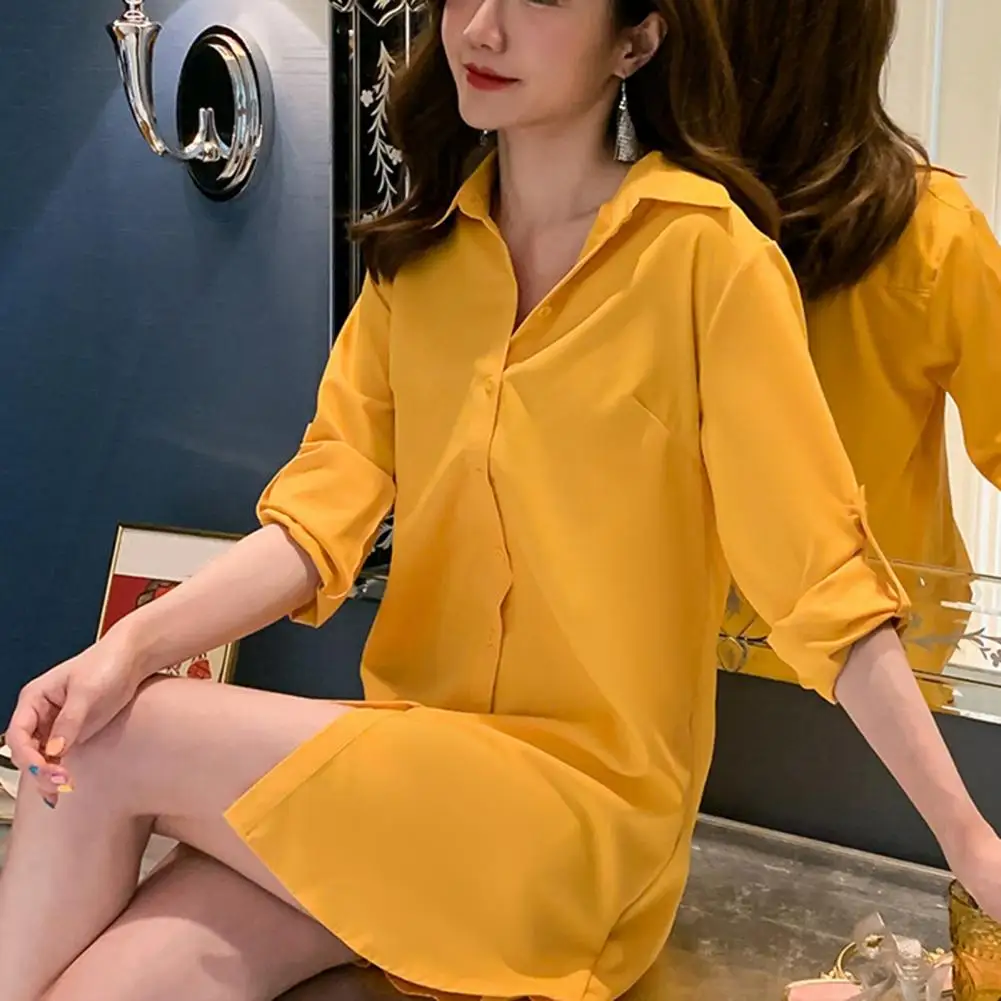 Women Long Sleeve Mini Dress Women's Casual Shirt Dress Long Sleeve Mid-length Lapel Shirt Solid Color Nightdress for Spring