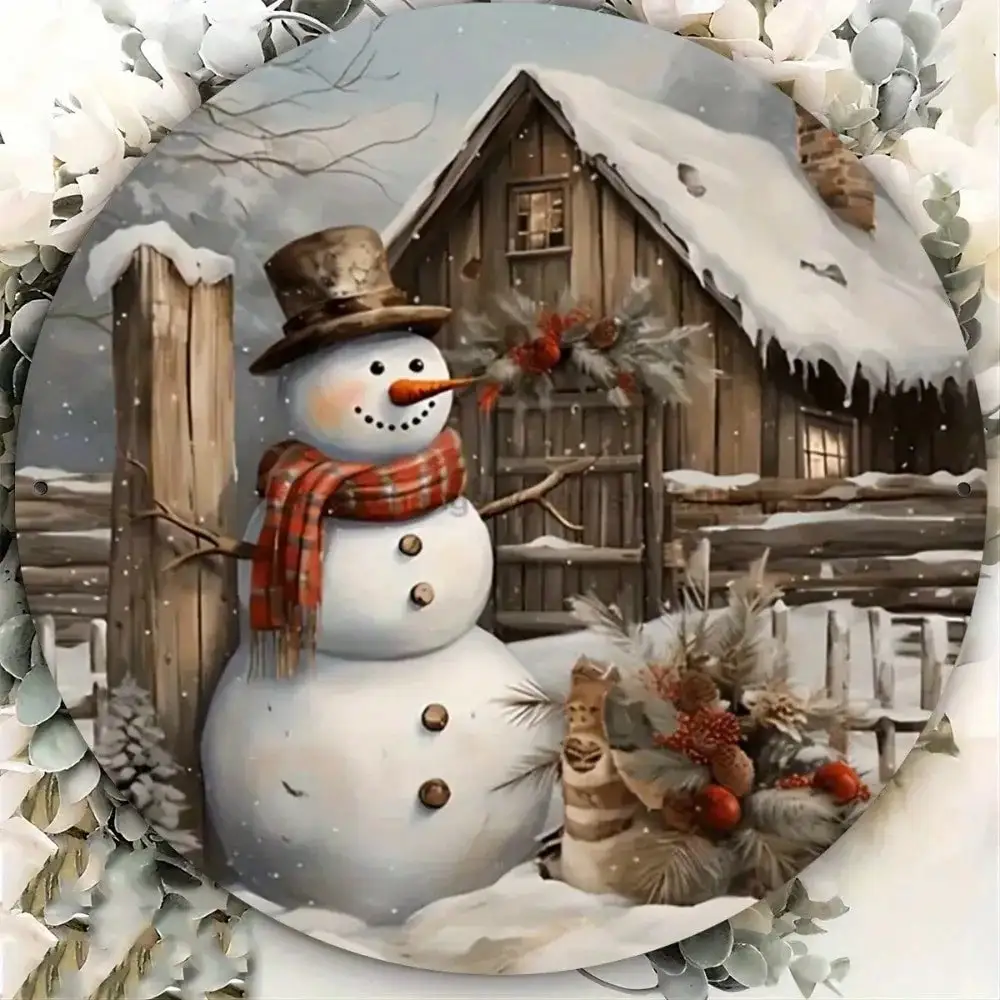 Vintage Winter Cabin & Snowman Metallschild – Runde Eisenwandkunst |   Perfekt für Weihnachts-Bauernhausdekoration und Zuhause