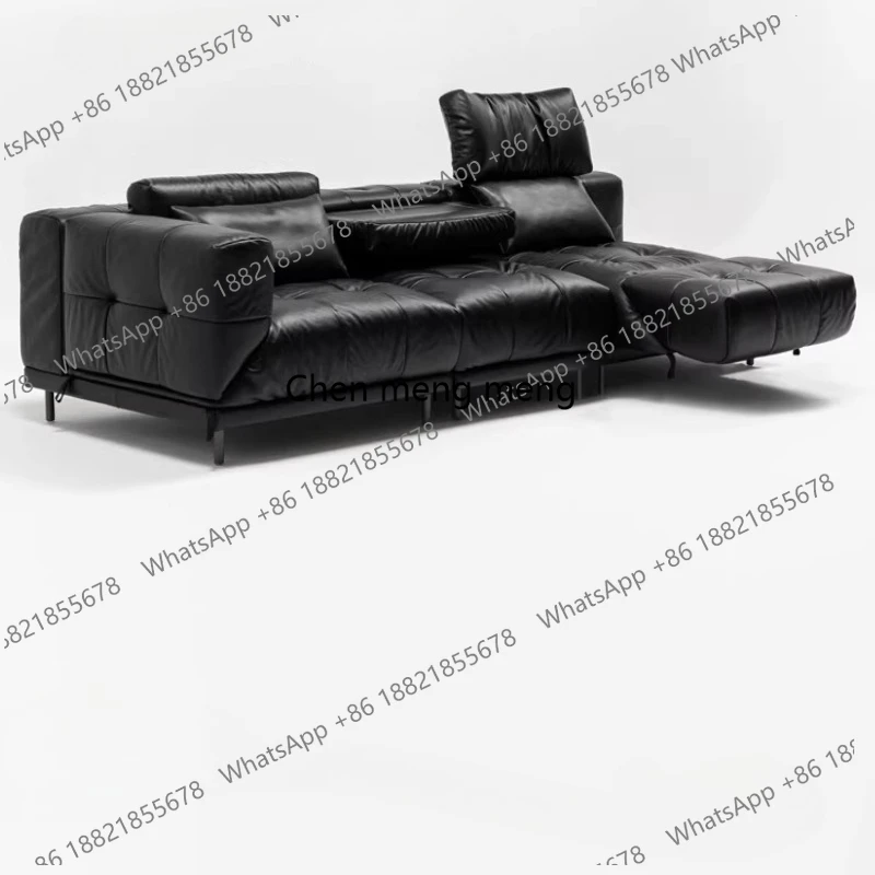 Modern multifunctional rotatable straight-line sofa for living room, black top-grain cowhide