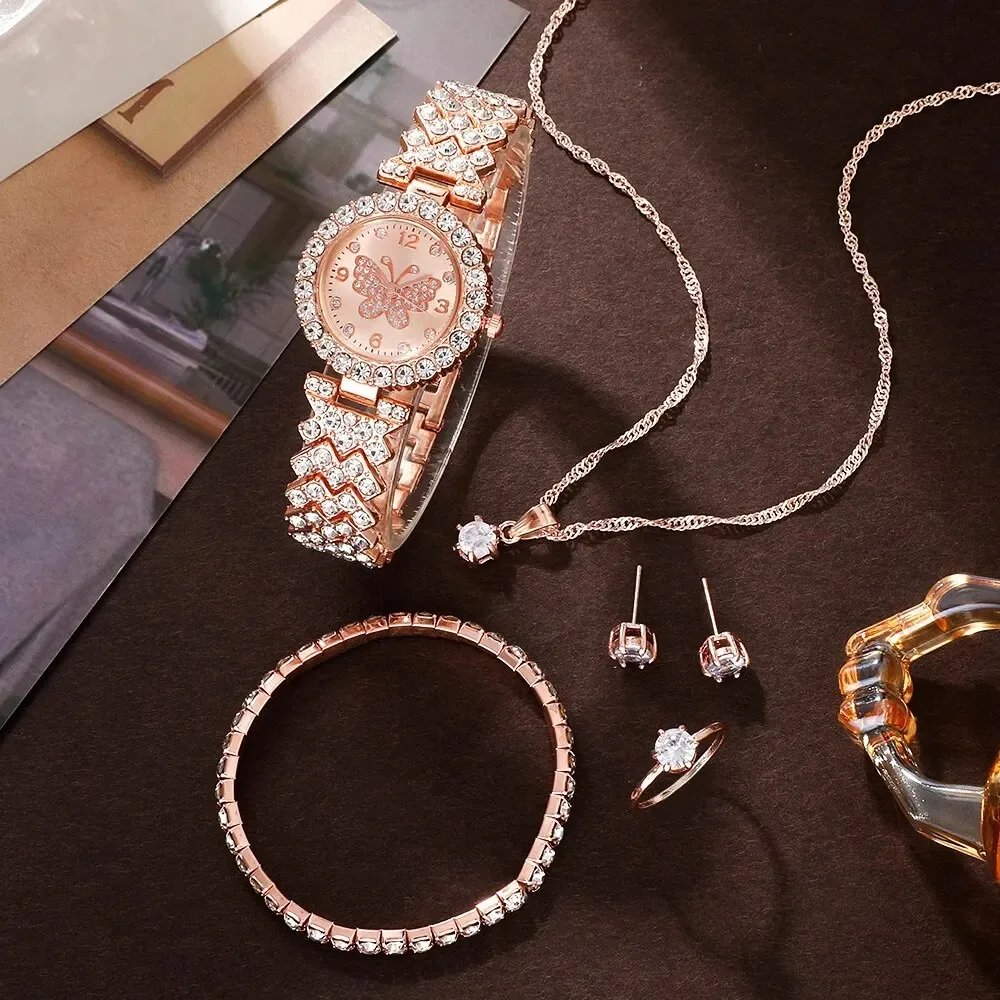 6 Piece Jewelry Set Rose Gold Luxury Watches Women Rings Necklace Earrings Rhinestone Fashion Watches Casual Women Watches