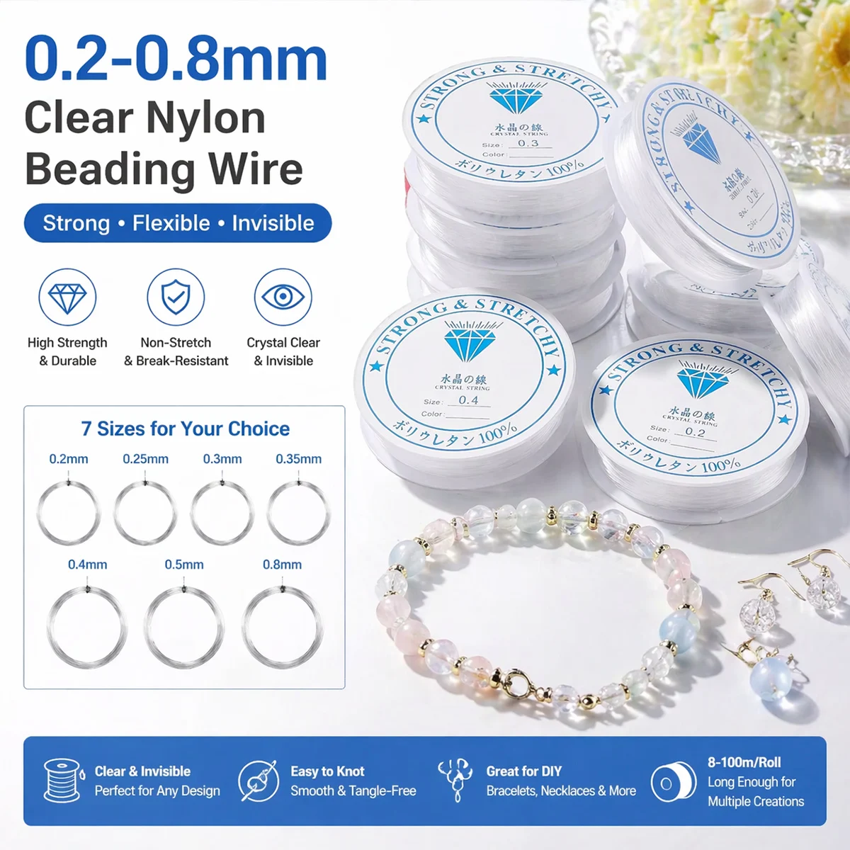 Fio de Nylon Transparente para Bijuterias 0.2-0.8mm, Linha Resistente para Enfiar Contas e Fazer Pulseiras, Colares e Joias DIY, Cordão de Miçangas 8-100m por Rolo
