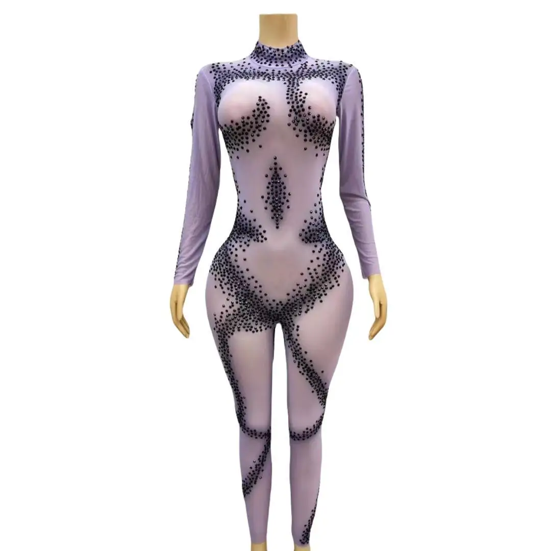 Fashion Stones Mesh See Through Jumpsuit Women Birthday Celebrate Prom Party Transparent Outfit Evening Stretch Costumes Zhima