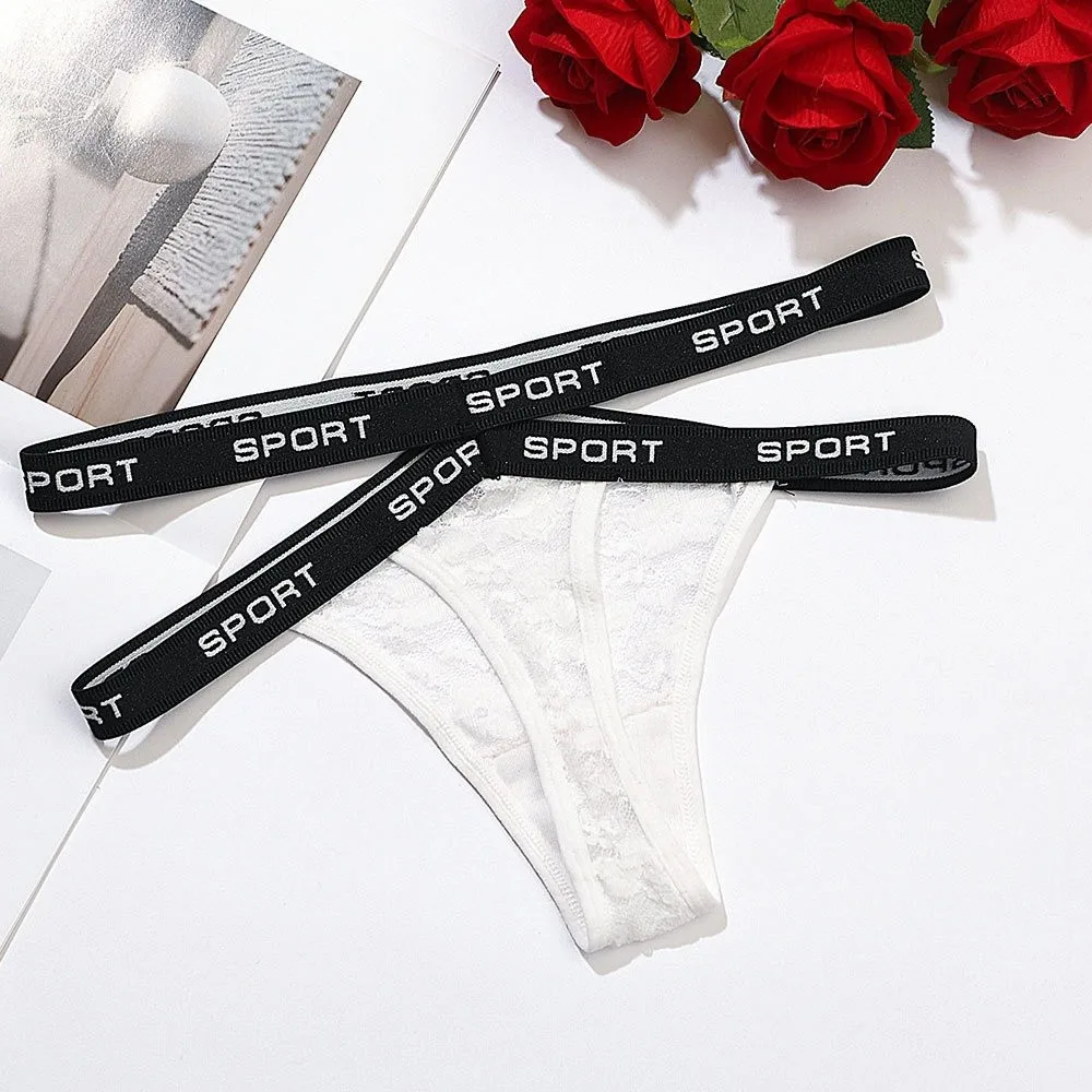 Sport English Letters Women Lace Flower Briefs Cotton Crotch Low Waist Lace Thong Panties Sheer Seamless Floral Underpants