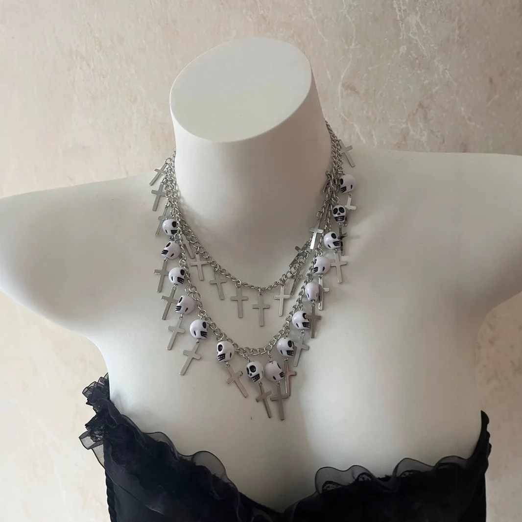 Soft girl punk style stainless steel white skull cross y2k spicy girl Gothic double-layer necklace
