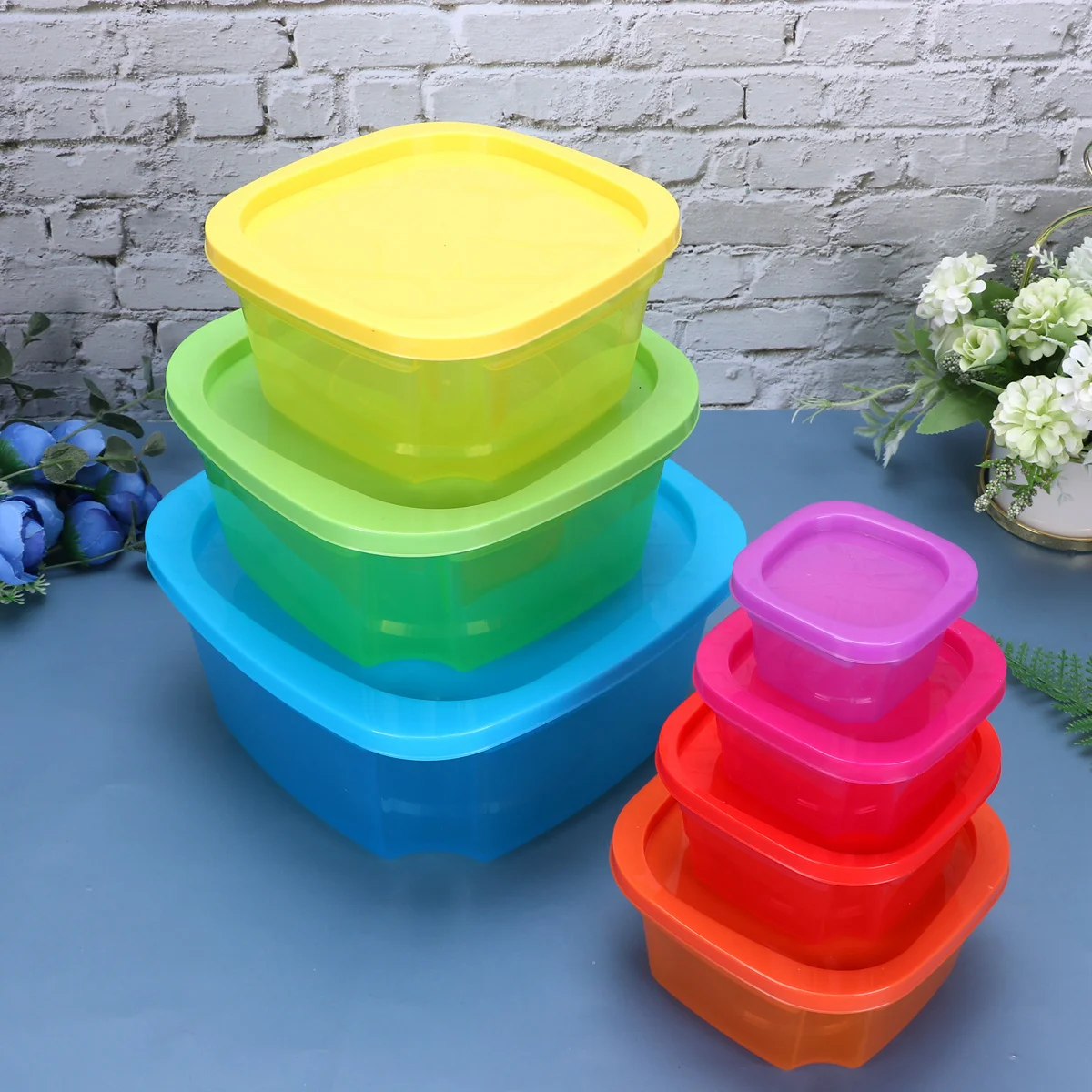 

7pcs Rainbow Plastic Storage Box Set Pp Material Food Preservation Crisper Kitchen Organizer For Home Hotel Canteen Use Storage