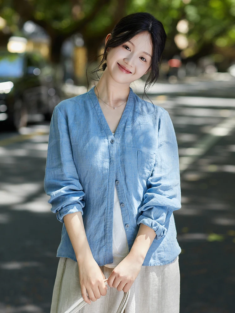 

Художественная льняная женская блузка с V-образным вырезом, осенняя, с 2 полосками, цветная, тканая, свободного кроя, дышащая, с длинными рукавами