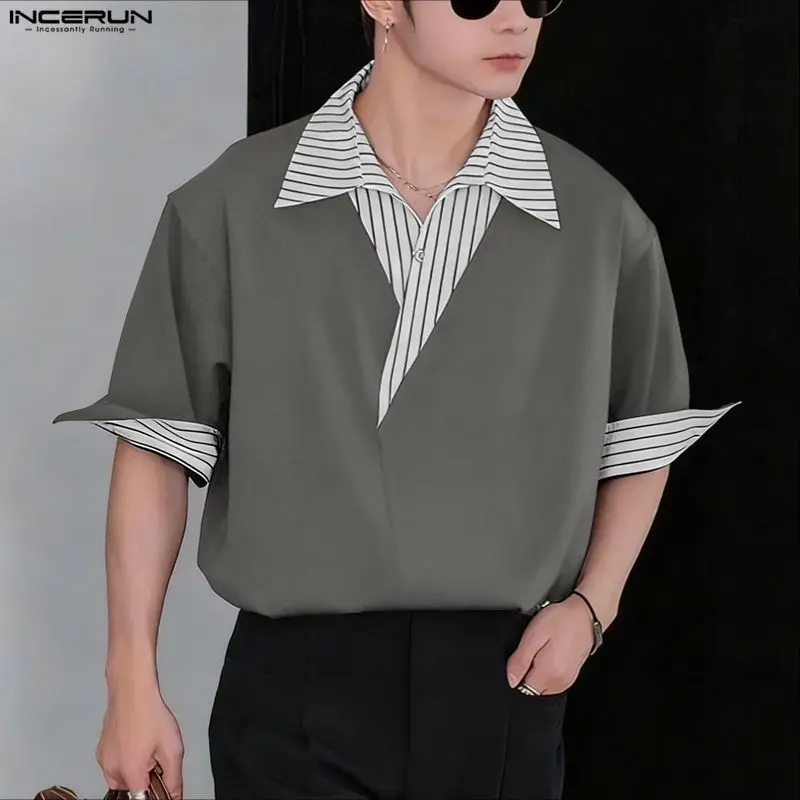 

INCERUN Men Shirt Striped Patchwork Lapel Short Sleeve Casual Men Clothing Summer Streetwear Loose Fashion Korean Style Tops Men