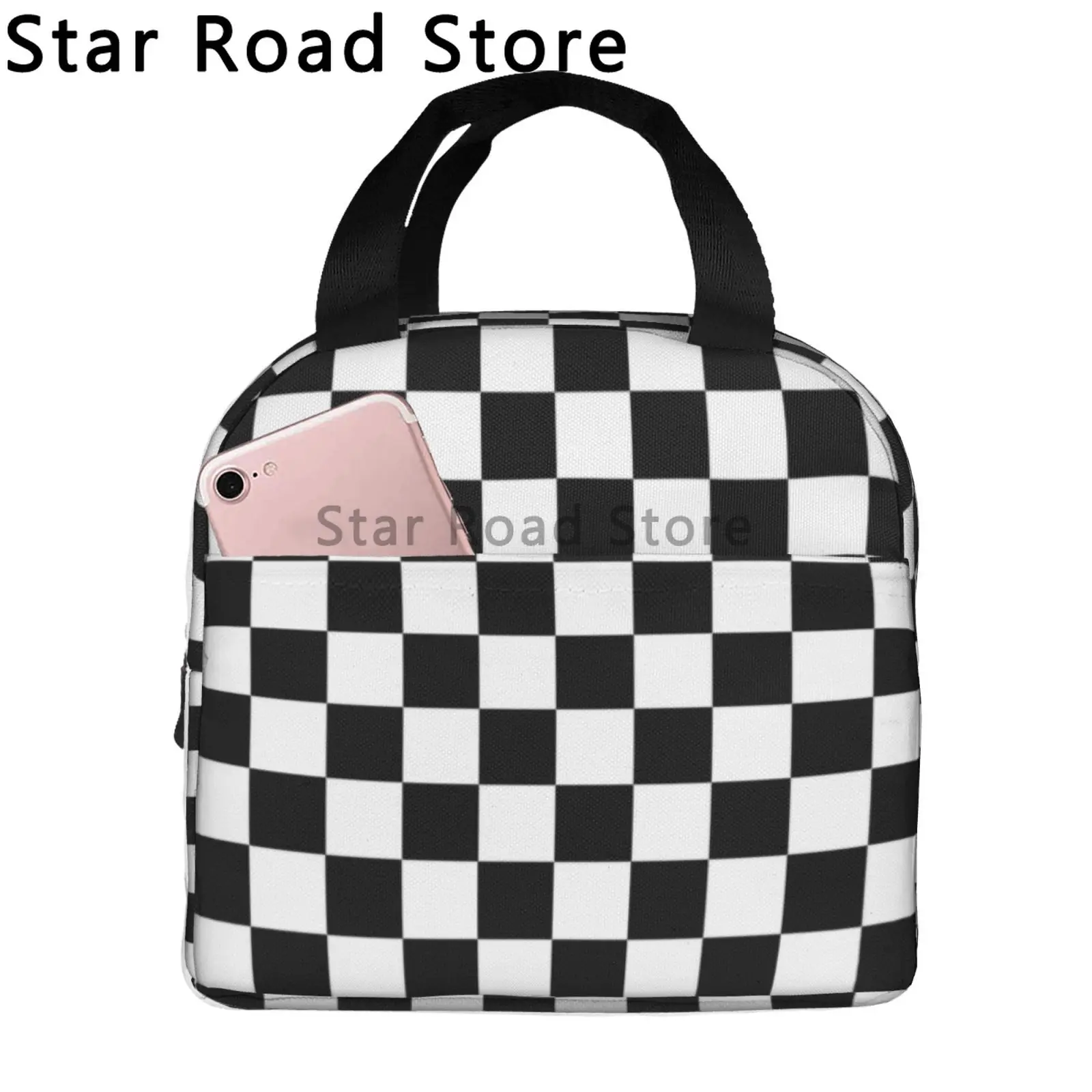 

Black White Checkered Insulated Lunch Bag for Women Portable Checkerboard Pattern Thermal Cooler Bento Box Office Picnic Travel