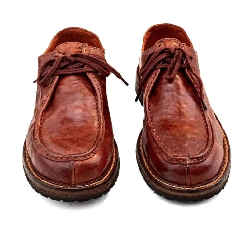 Handmade Leather Shoes Men's Washed Work Genuine Leather Lace Up Casual Business Round Toe Derby Dress Shoes Male Youth Brown