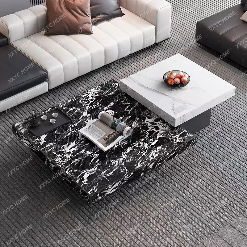 Minimalist rock slab square coffee table - modern luxury living room floating high-low marble coffee table