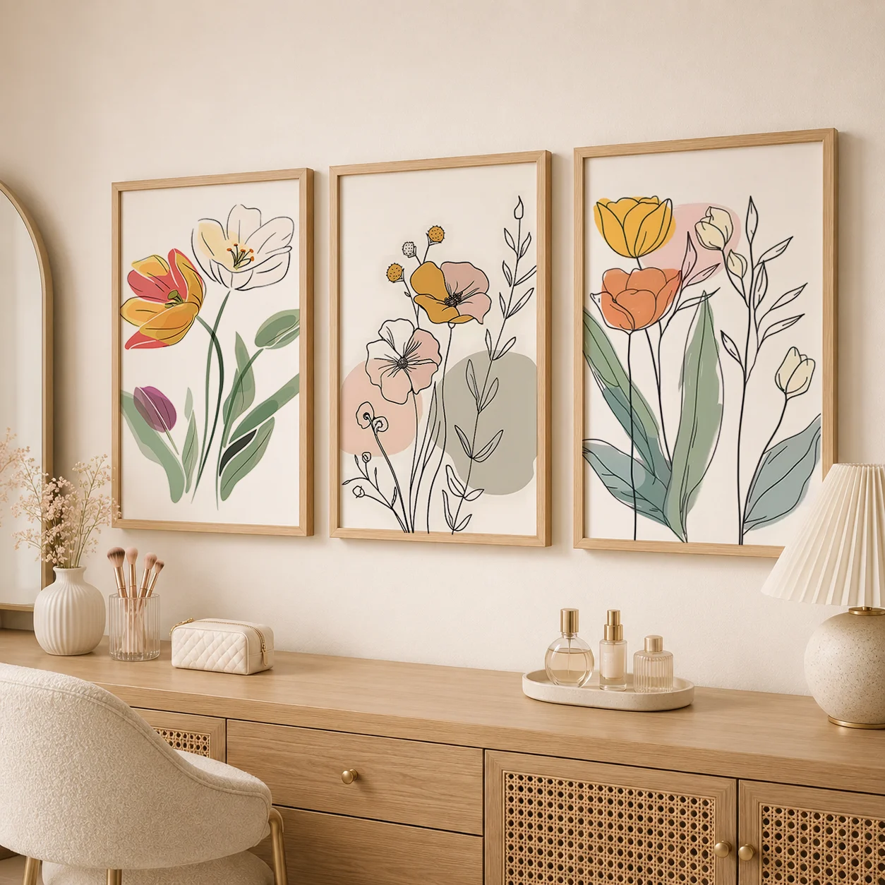 Plant Flower Wall Art, Nordic Line Tulip Canvas Painting, Minimalist Aesthetic Poster Prints for Living Room Bedroom Wall Decor