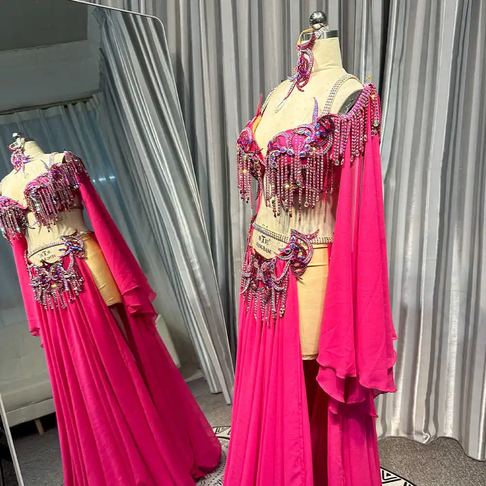 Customized Eastern Belly Dancewear Women Clothes Tassel Belly Dancing Bra Skirt Belt Oriental Dance Costume Group Stage Suit Set