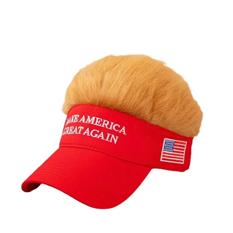 America Great Again Trump Baseball Hat Fashion Duck Tongue Hat Wide Brimmed Red Embroidered Hat Election Yellow Hair Wig Cap