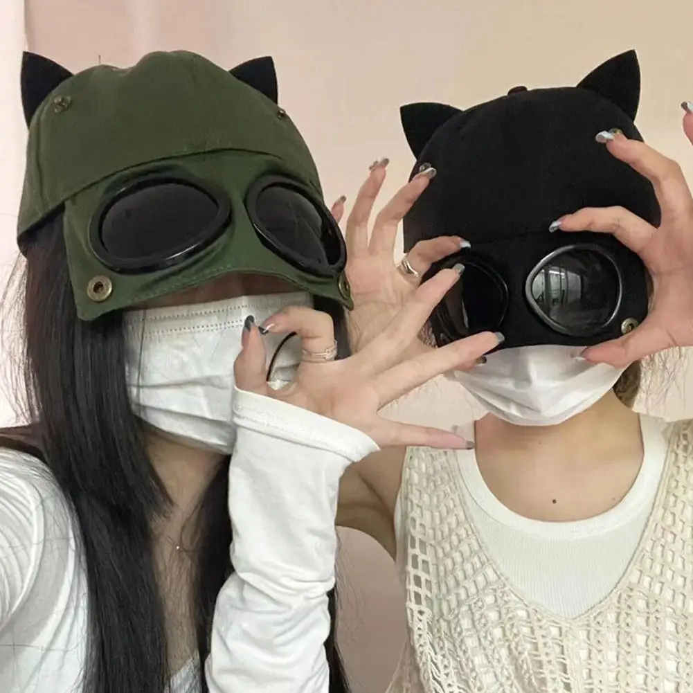 New Fashion Baseball Cap For Men Outdoor Sports Hip Hop Hats Women Cute Cat Ear Punk Glasses Aviator Hat Streetwear Pilot Bone