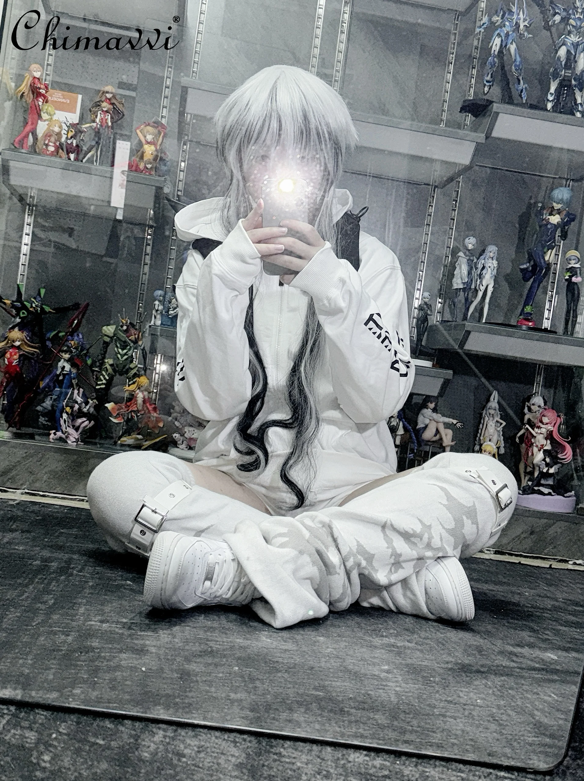 Pure White Mechanical Spine Print Hooded Loose Sweatshirt Jacket Spring and Autumn New Subculture Long-sleeved Girl Women Coat