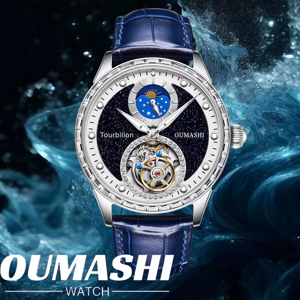 Часы 43 мм, мужские автоматические механические солнцезащитные часы с турбийоном и звездой, водонепроницаемые деловые модные часы для пожилых людей