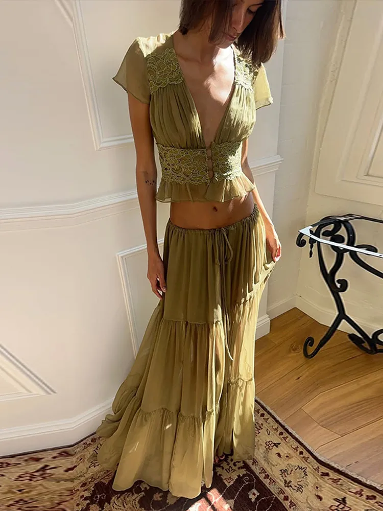 Elegant Lace Patchwork Women's Shirt Skirts Suit Short Sleeve V-Neck Crop Tops Long Skirts 2026 Summer Autumn Beach Holiday  New