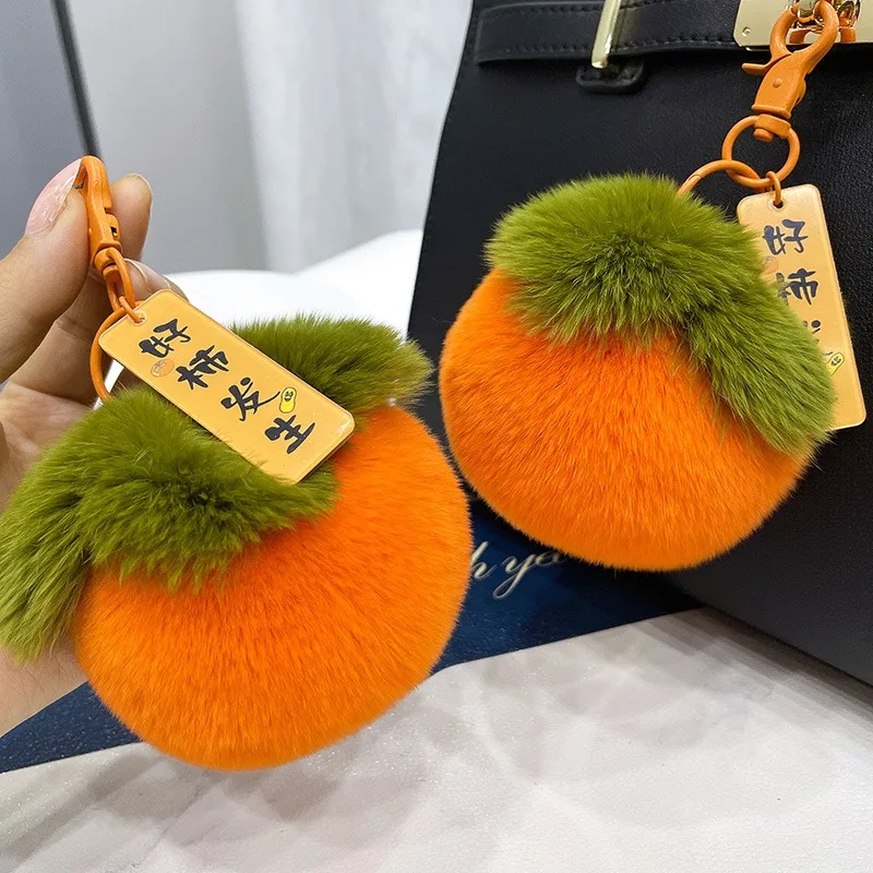 Kabarık tavşan kürk ponpon trabzon hurması anahtarlık kız çanta araba anahtarlık takı hediye aksesuarları kadın meyve şekli anahtar etiketleri