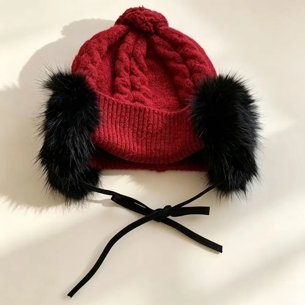 Knitted Trapper Hat Ear Protection Warm Pompom Beanie with Earflap Large Head Circumference Faux Fur Ear Flaps Cable Wool Cap