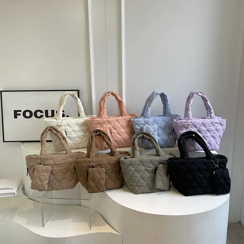 

1pc Solid-color Diamond-patterned Cotton Jacket Bag Large-capacity Lightweight Tote Women's Bag Single-shoulder Handbag Cloth