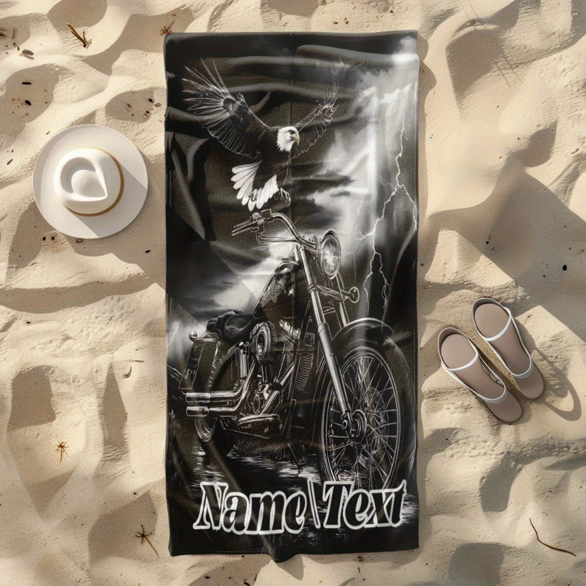 Custom Eagle Motorcycle Beach Towel Personalized Name Biker Microfiber Bath Towels Soft Quick Dry Swimming Pool Lounger Gift