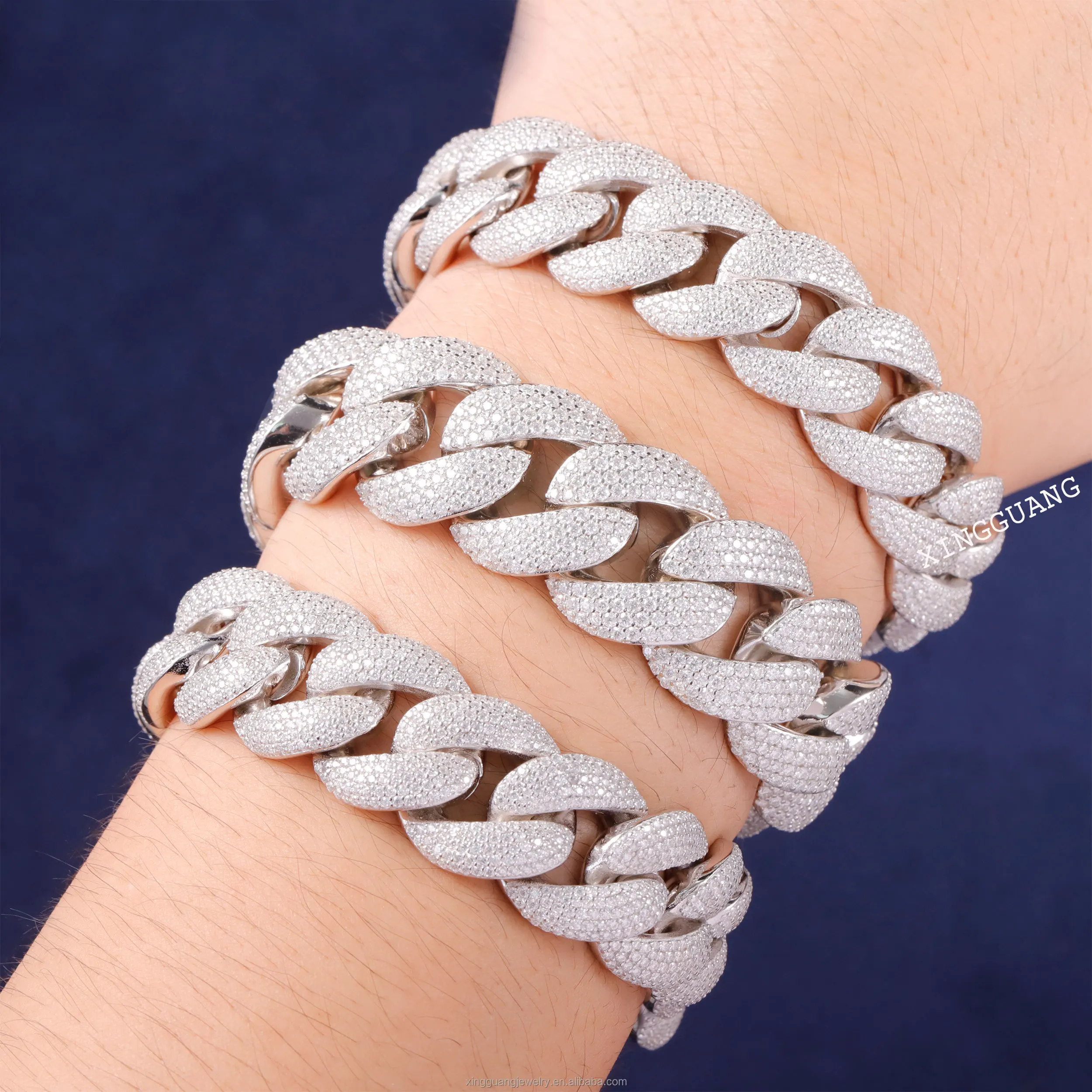 Fine Cuban Chain 20mm Width 2/3/4rows Iced Out VVS Moissanite Diamonds White Gold Plated Solid Silver Hip Hop Bracelet Jewelry..