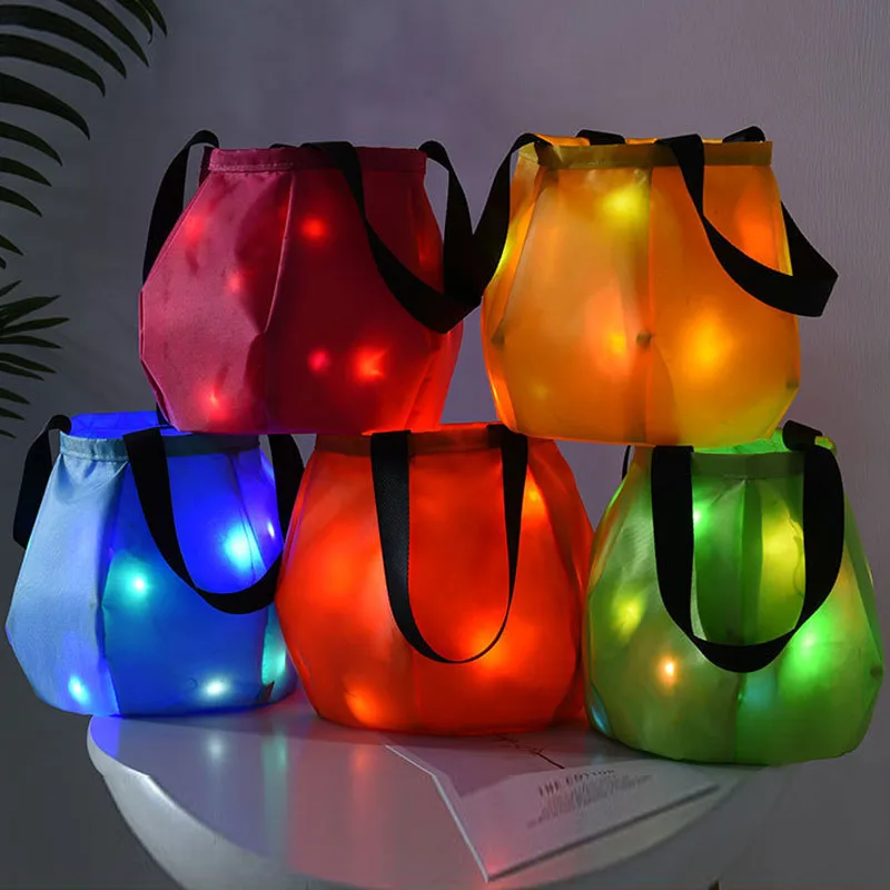 

12pcs Kids Children Solid Colors Glow Lights Blinking Trick or Treat Candy Bags Pumpkin Bucket Reusable Party Wedding Festival