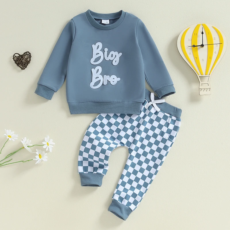 Spring Autumn Newborn Baby Boys Clothing Long Sleeve Letter Embroidery Pullover Sweatshirts+Checkerboard Pants Casual Clothes