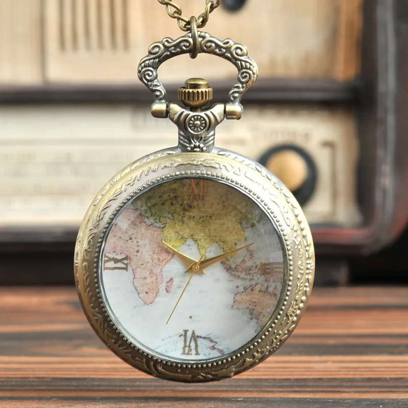 Vintage Bronze World Map Transparent Glass Pocket Watch Fashion Good Quality Quartz Watch Necklace