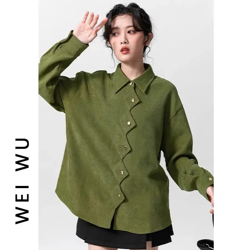 Spring and Autumn Aging Retro Corduroy Port Style Long Sleeve POLO Collar Shirt Irregular Design Sensation Shirt Trendy Women