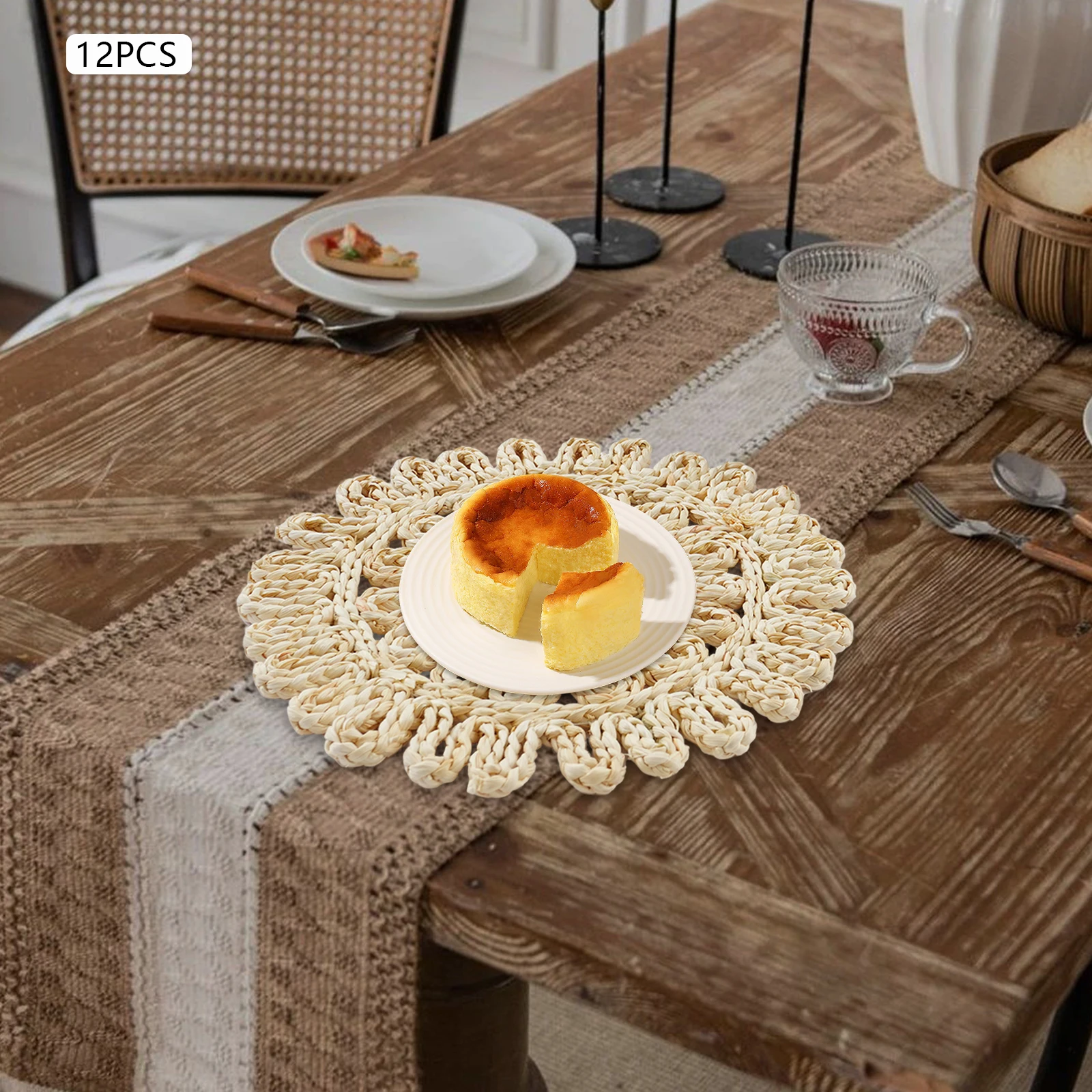 

12 Flower Shaped Placemats, Woven Rattan Table Mats, Restaurant and Dining Table Placemats