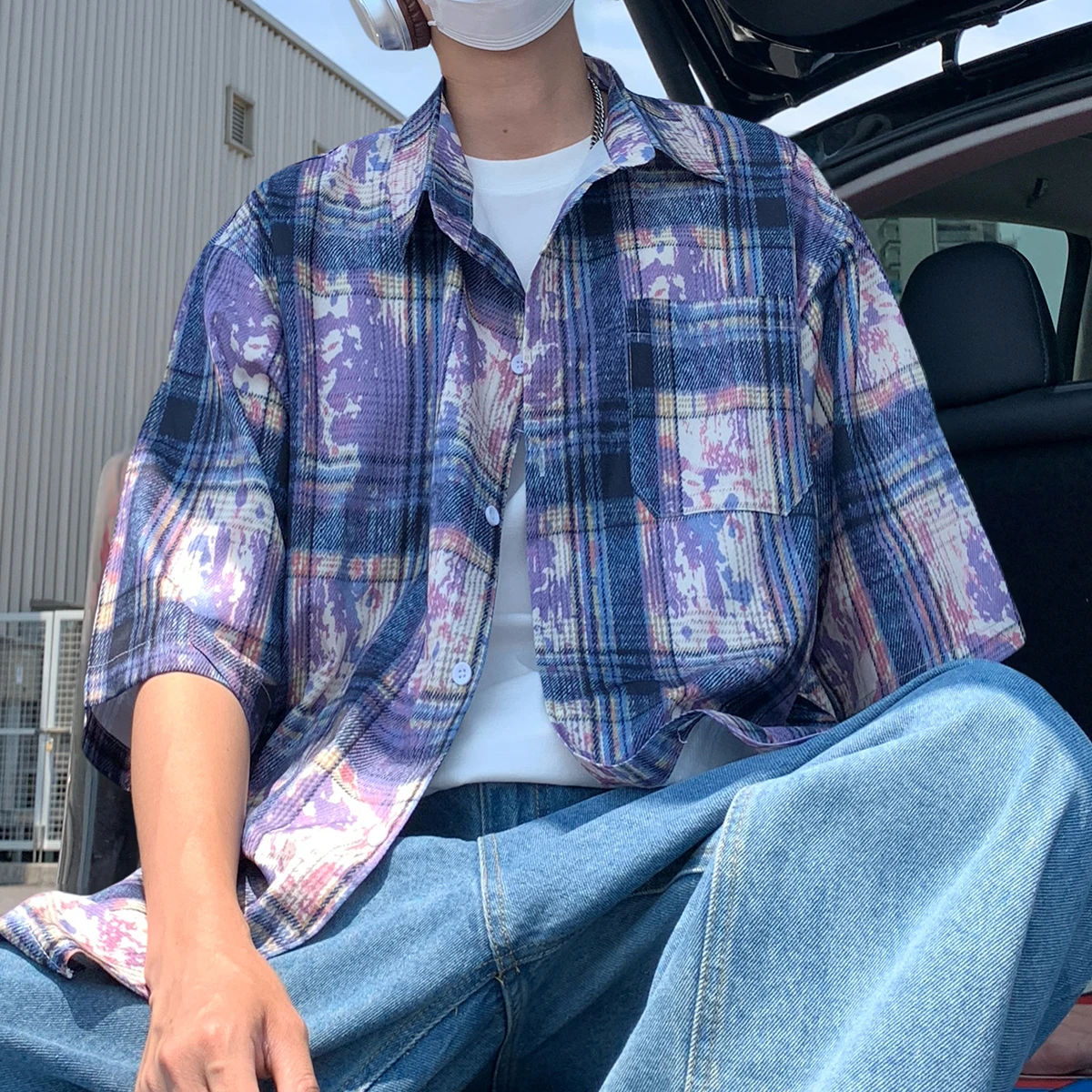 2026 Summer New Style Men's American Tie-Dye Printed Cool-Feel Silk Short Sleeve Five-Piece Sleeve Plaid Shirt