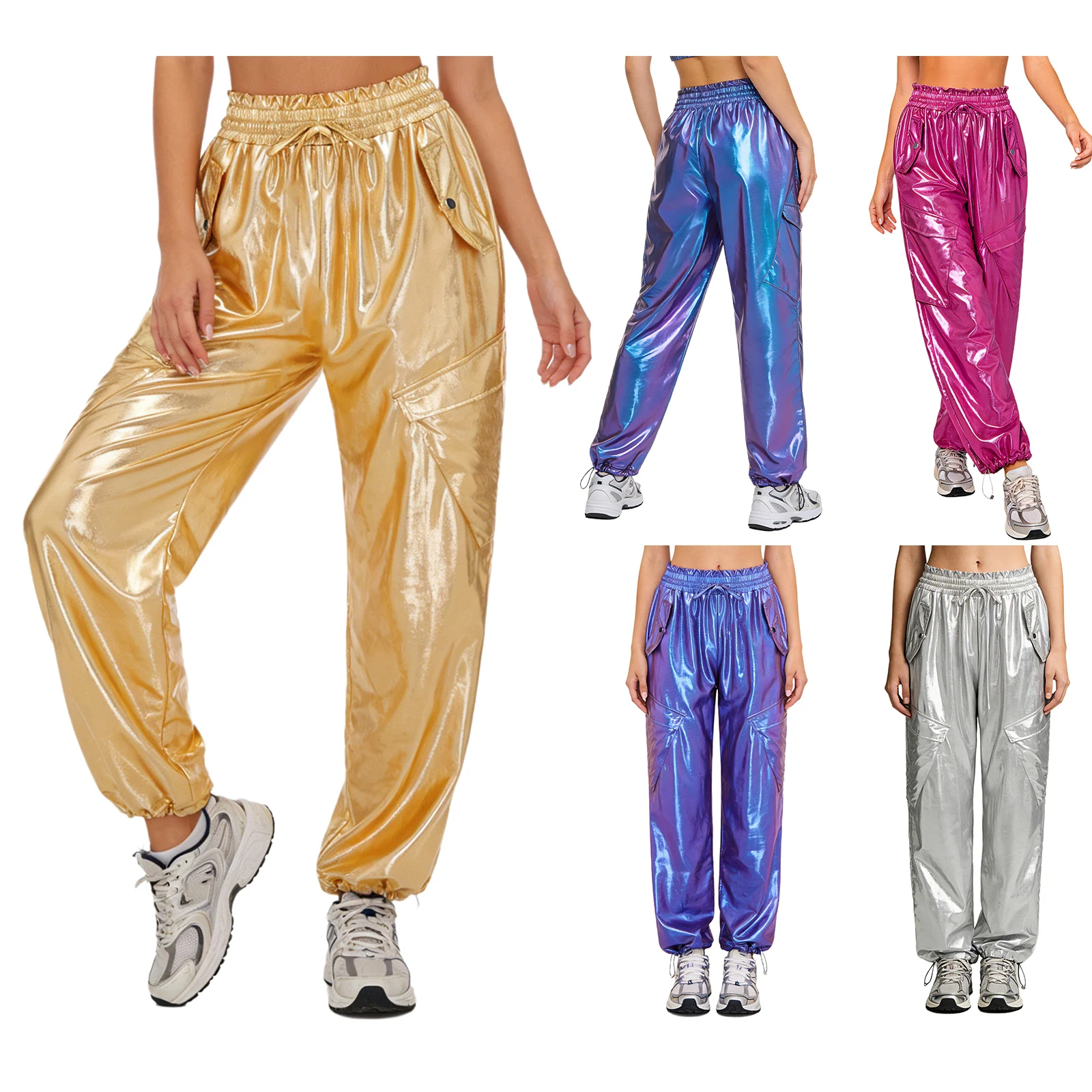 Women Metallic Shiny Cargo Pants Widen Elastic Waistband with Ruffled Trim Multi-pockets Jogger Trousers for Hip Hop