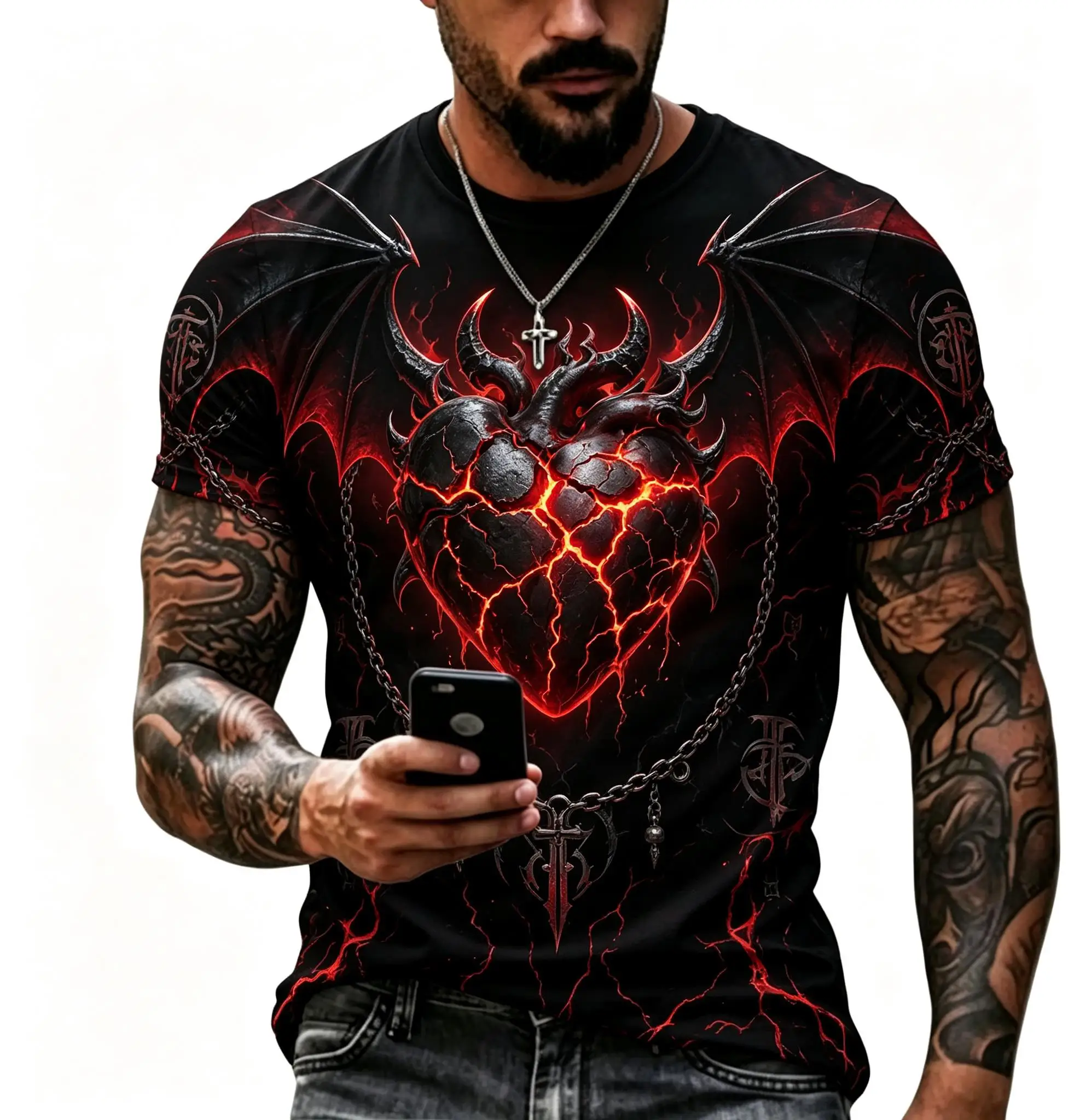 Men's Gothic Blue Glow Heart 3D Print T Shirt, Dark Fantasy Wing Pattern Casual Round Neck Short Sleeve Tees