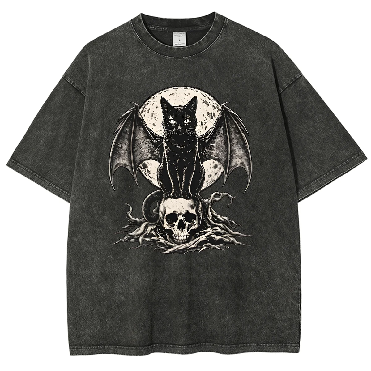 Gothic Black Cat With Bat Wings Skull Full Moon Graphic T‑Shirt Vintage Washed Short Sleeve Tee Halloween Dark Witchy Streetwear