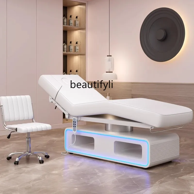 White Silicone Leather Electric Beauty LED Lamp with Armrest Curved Leg Wooden Base Electric Bed