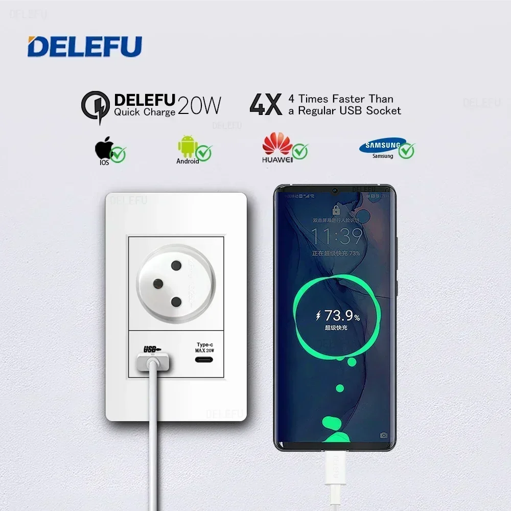 DELEFU White Flame Retardant PC Israel Standard USB Type C Fast Charging Wall Socket Light Switch Satellite TV Tel CAT5 CAT6