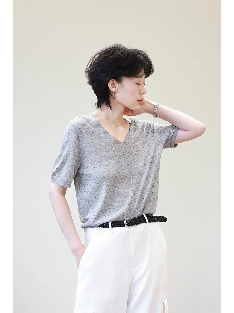 

Легкая мягкая вязаная футболка с V-образным вырезом из смесовой шерсти, женская, разноцветная, из смесовой пряжи, базовый топ, повседневная летняя одежда