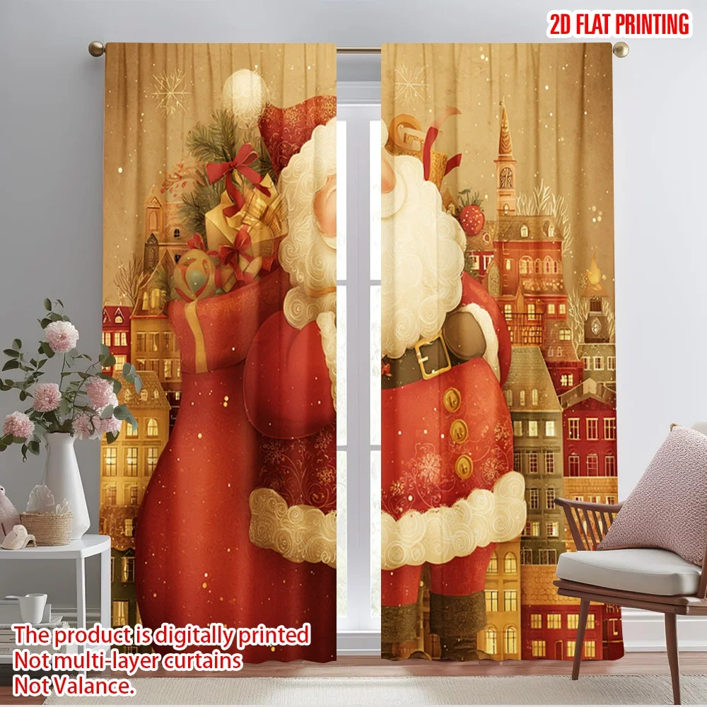 

2pcs,2D plane printing Window Curtain Vibrant Santa Versatile 100% Polyester (without rod) Festive Perfect for Bedroom, Living