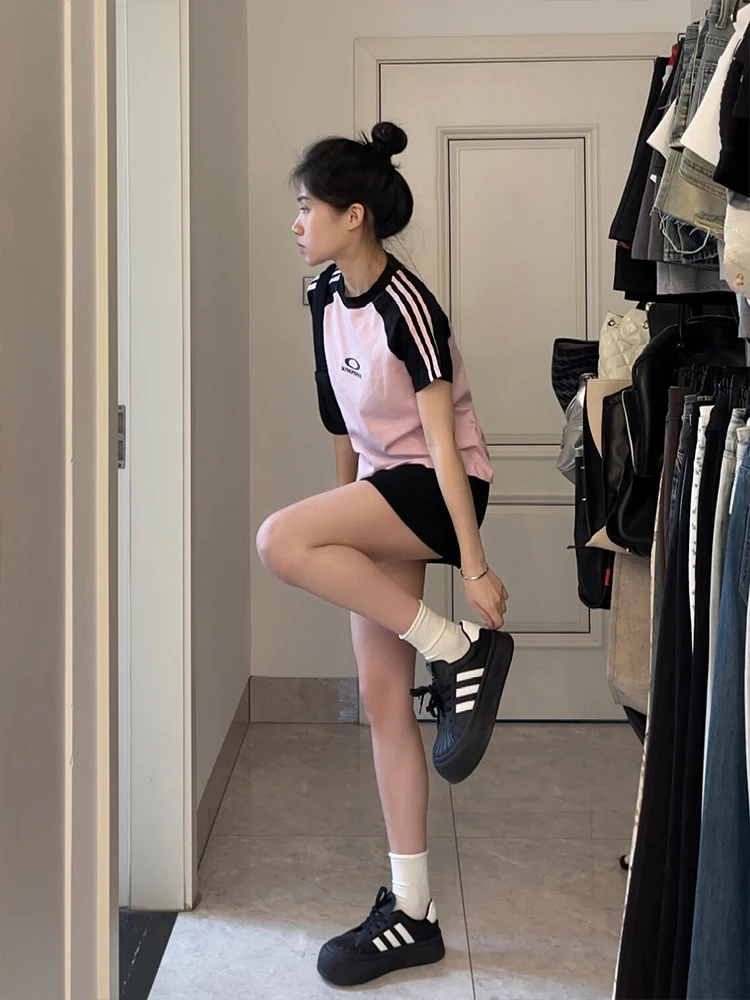 

American Retro Sweet Cool ort Sve T-irt Women Summer Color Blo oulder Insertion ature Spicy Girl Slim Fit or...