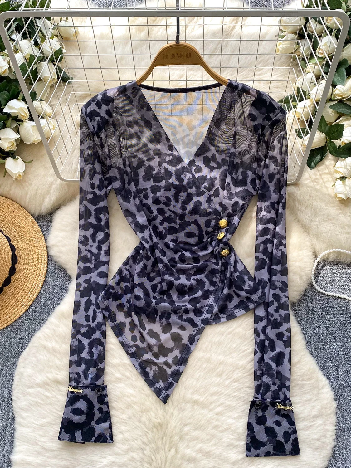 Cross V-ne Long Sve Leopard Print Me Top Donna Autunno Faion Design Dimagrante T-shirt asimmetrica Traspirante Comodo...