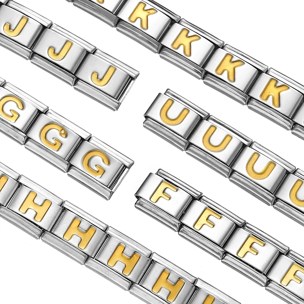 1pcs Fashion Gold Color 26 English Letters Italian Charm Links Fit 9mm Stainless Steel Bracelet Making Women Men Jewelry image 3