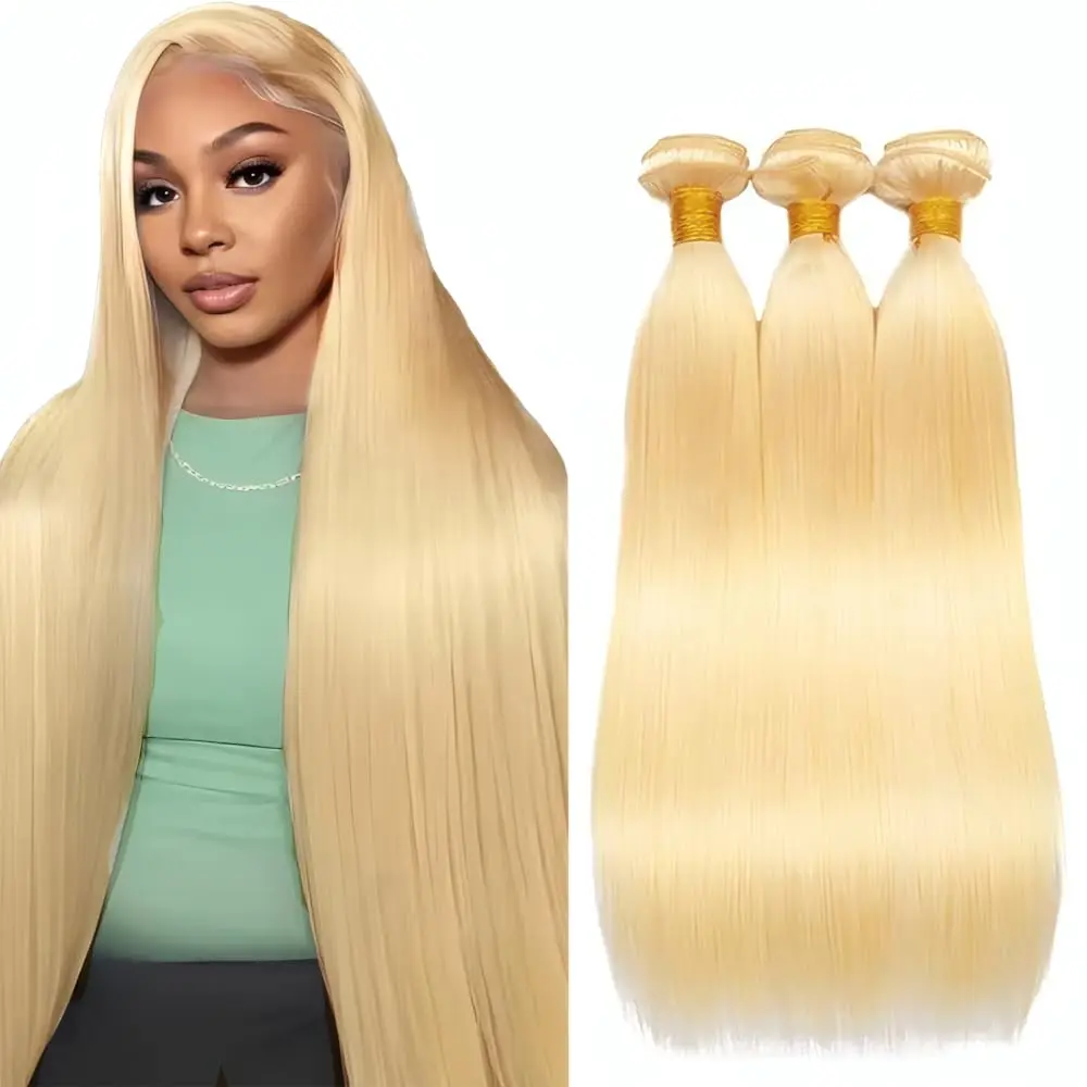 Extensiones de Cabello Humano Liso Rubio de 10-40 Pulgadas, 100% Remy, Cabello Virgen, 1/3/4 Piezas, Color 613, Mechones Lisos para Tejer