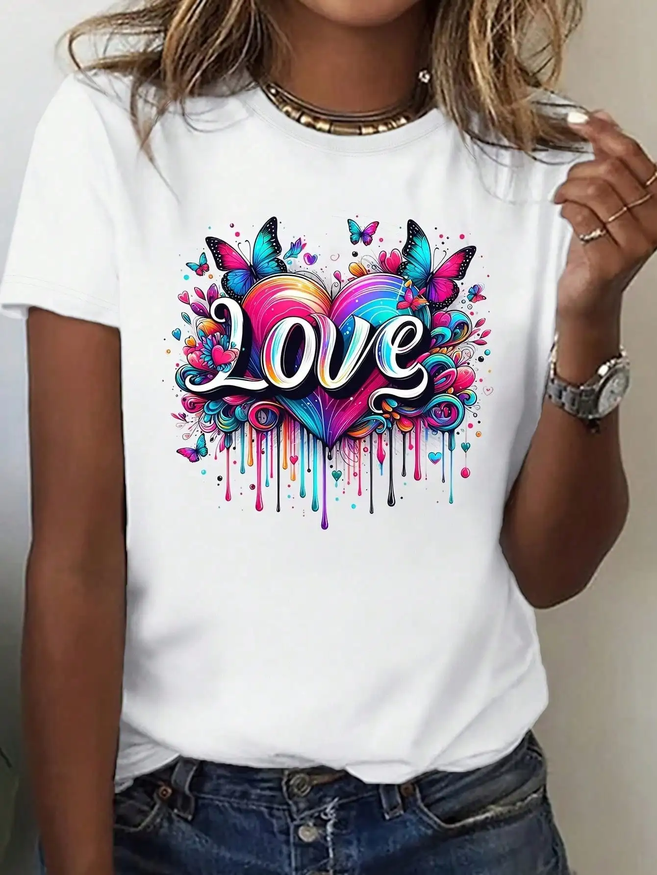 

Valentine's Day Love Butterfly Print Women's T-Shirt - Soft 100%, Comfortable & Breathable, Short Sleeve Crew Neck, Casual Fit