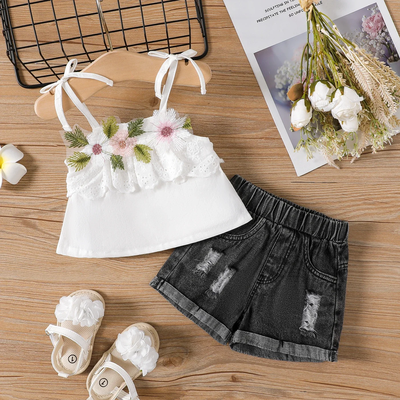 PatPat 2pcs Baby Girl 100% Cotton Floral Design Cami Top and Ripped Denim Shorts Set Soft and Comfortable Perfect for Outings