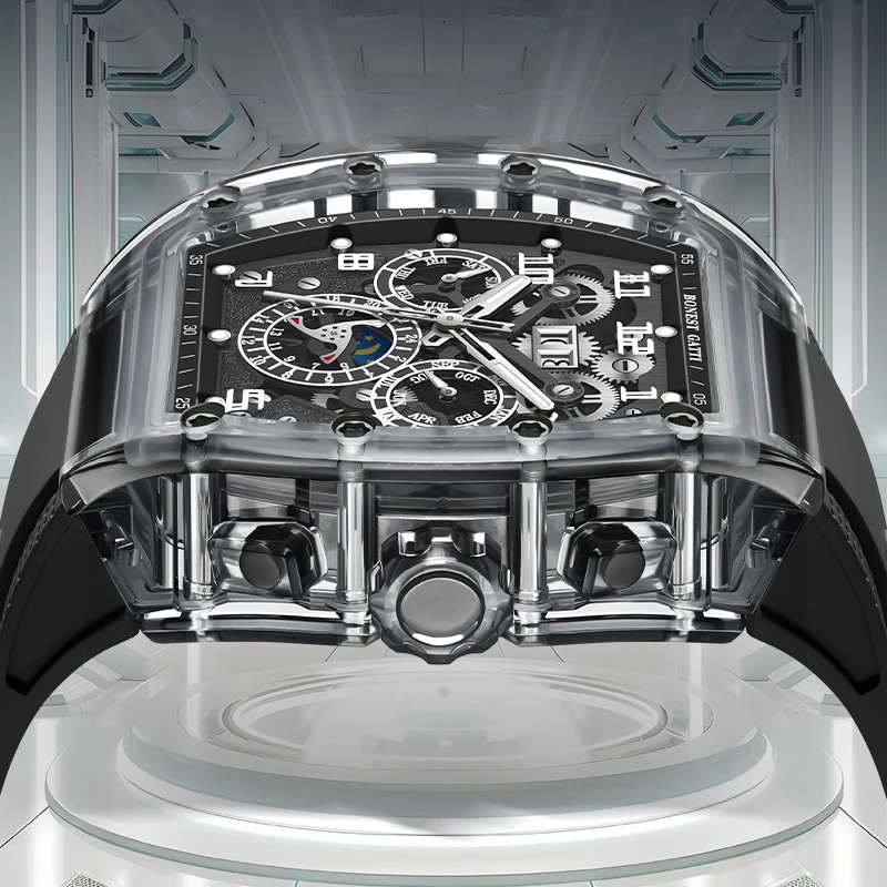 BONEST GATTI Men's Automatic Mechanical Watch with Crystal Glass CaseLuminous Rubber Strap Multi-Function Dial Luxury Wristwatch