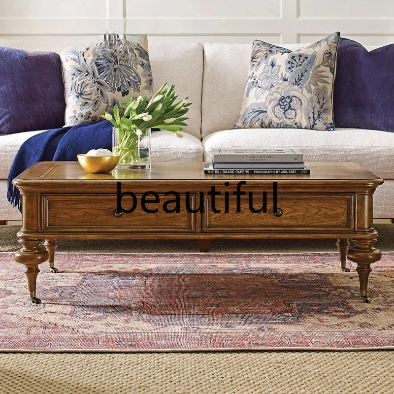 

American country cherry wood parquet retro old high-end living room square coffee table balcony casual coffee table