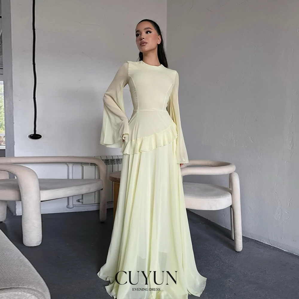 

CUYUN Elegant Chiffon Women Evening Dresses Customized O-Neck Flare Sleeves Ruffled Long Prom Dresses Women Summer Dresses