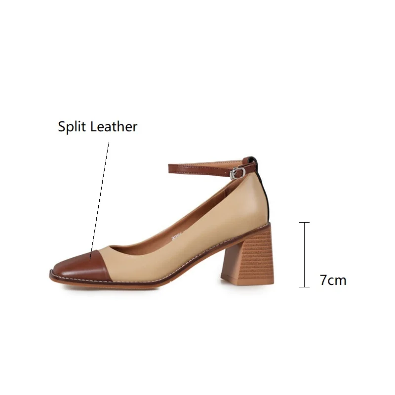 2024 Spring Split Leather Women Shoes Square Toe Chunky Heel Mixed Color Women Pumps Retro Mary Jane Shoes for Women High Heels