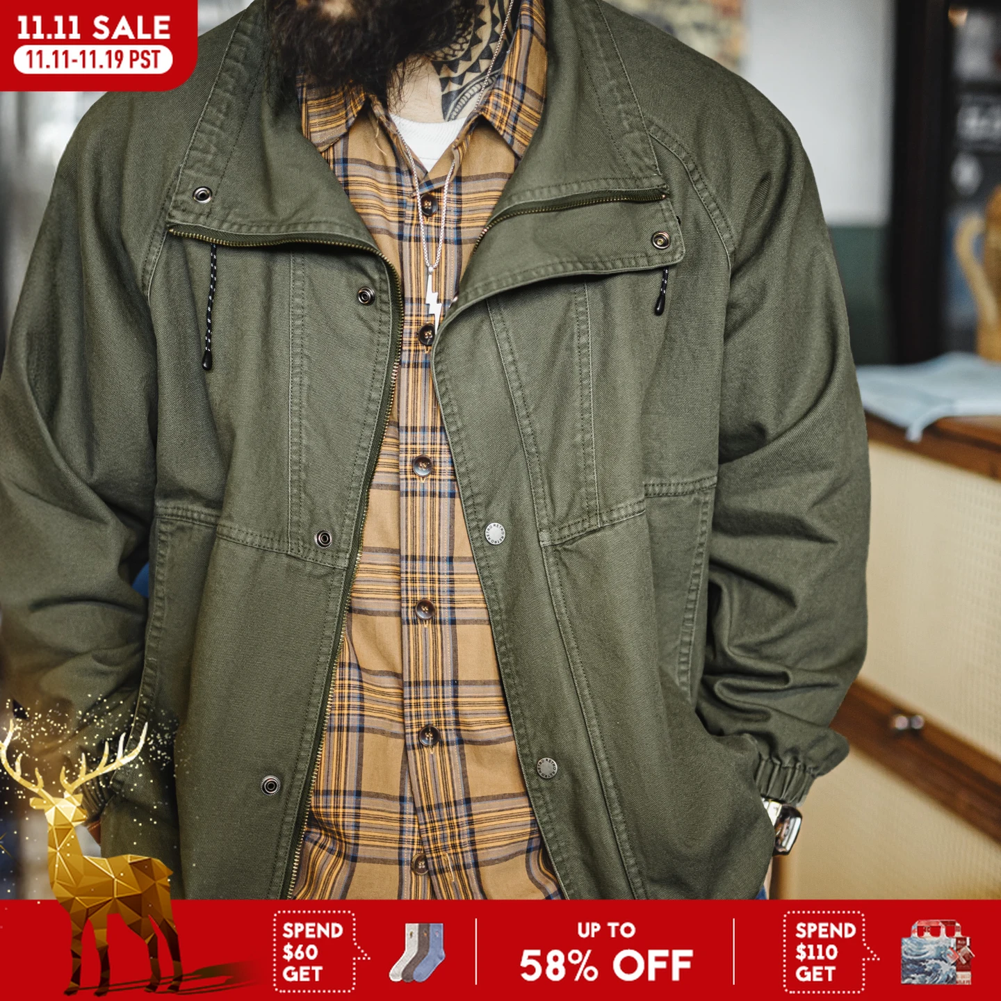 

Maden Men’s Retro M65 Stand Collar Military Jacket Windbreaker Zipper Cotton Coat Casual Loose Fit cargo Outerwear for Fall